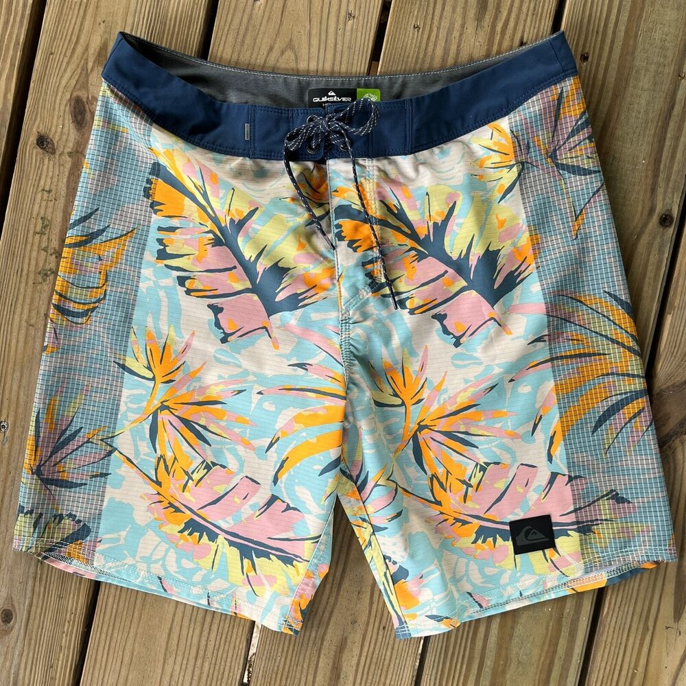 Quiksilver Board Shorts Mens 30 Hawaiian Palm Leaf Surf Beach Drawstring Blue